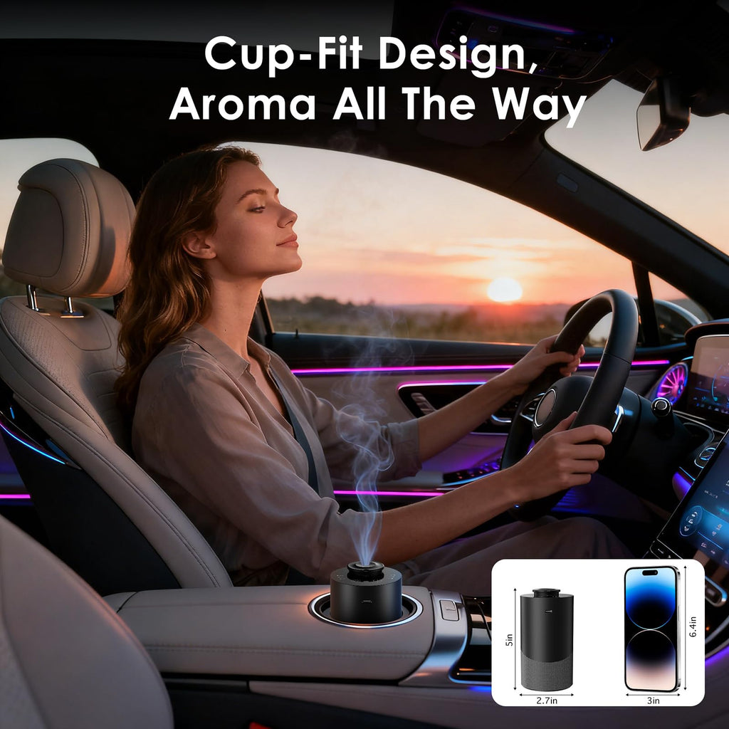 Waterless Essential Oil Diffuser (Aluminum Alloy & Fabric) - Cordless Car Scent Diffuser with 3 Timer & 3 Mist Levels