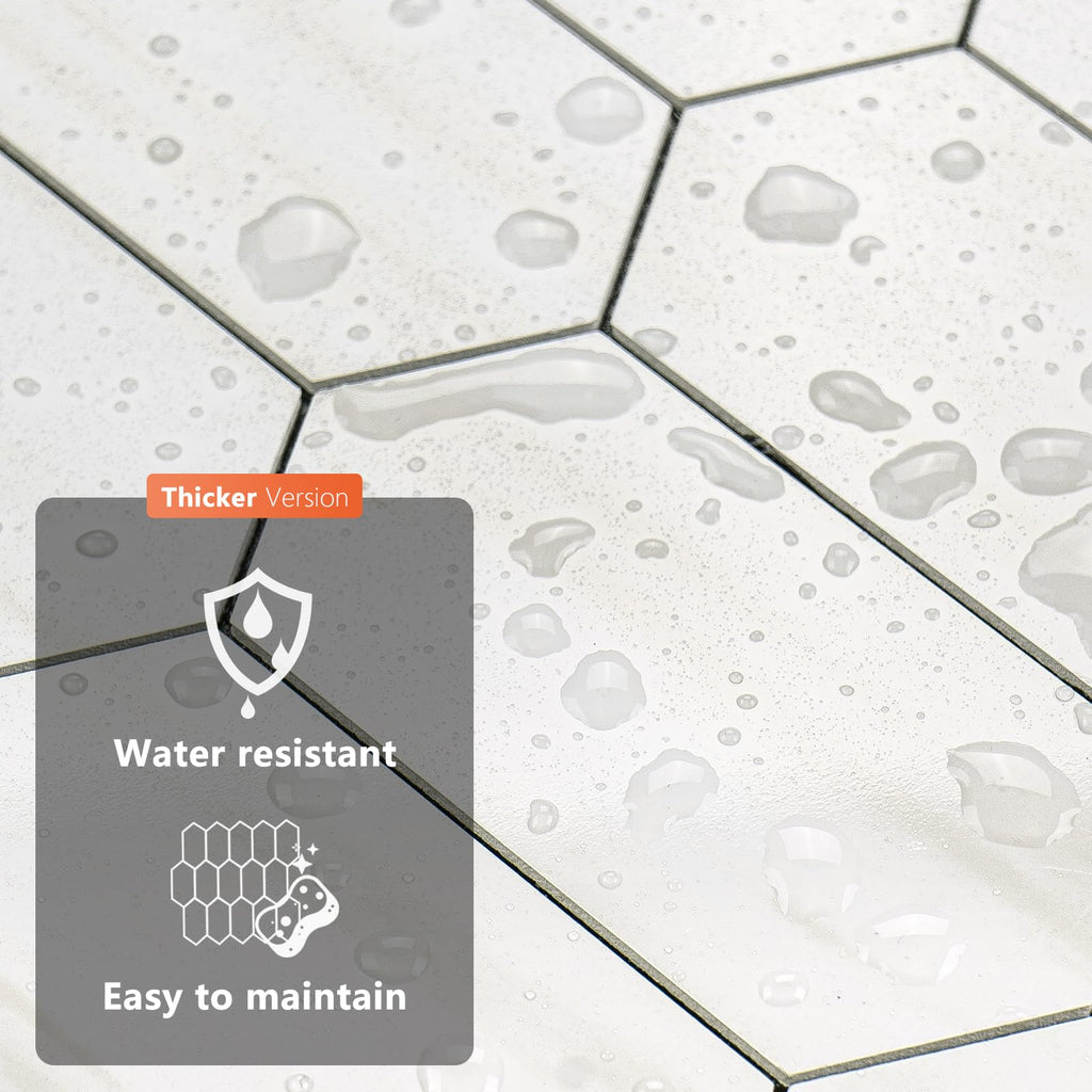 Long Hexagon Peel and Stick Backsplash Tile - 10 Sheets Stick on Backsplash 12.4 x 12 Inch Glossy Dolomite White PVC
