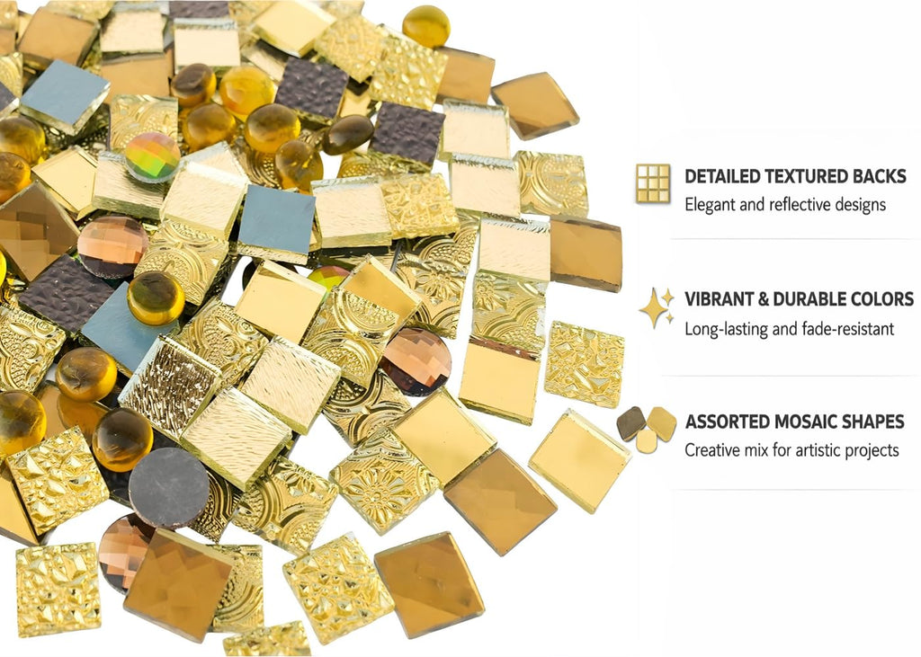 1000g 20MM Golden Mirror Glass Tiles for DIY Mosaic, Assorted Textured Square Tiles and Faceted Glass Gems in