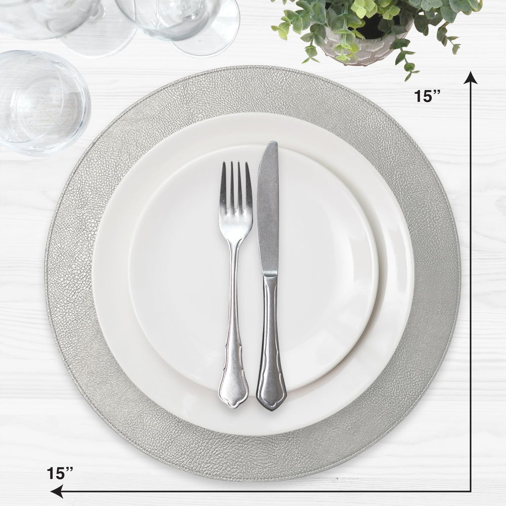 Morgan Faux Leather Round Placemats, 15", Silver, Heat Resistant, Stain Resistant, Non-Slip, Reversible - Set of 12