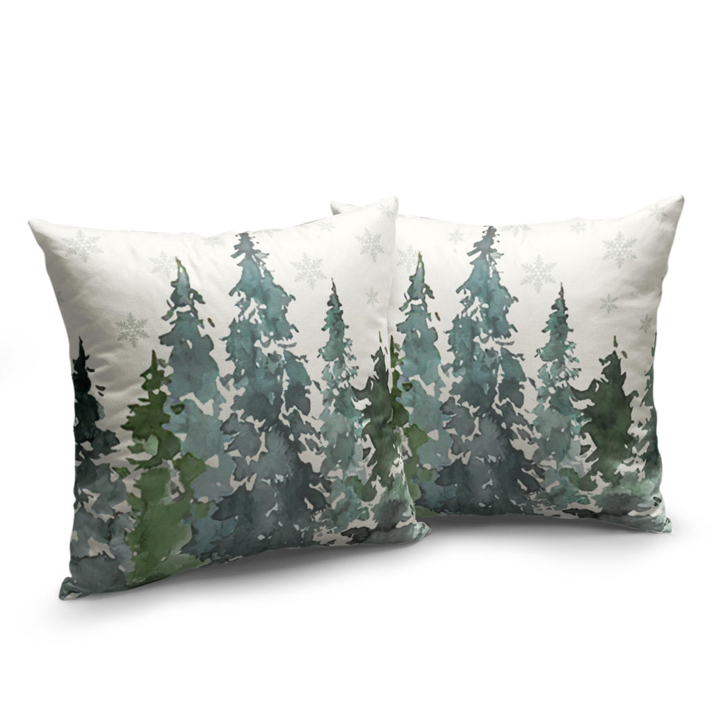 Green Watercolor Pine Tree Pillow Covers 24x24 Winter Rustic Nature Forest Pillow Case Set of 2 Misty Forest Woodland