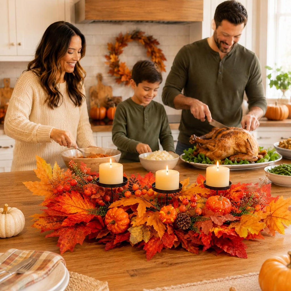 27.56" Fall Candle Holder Centerpiece, Thanksgiving Table Decor with Metal Candle Cups Large Foldable Autumn Leaves