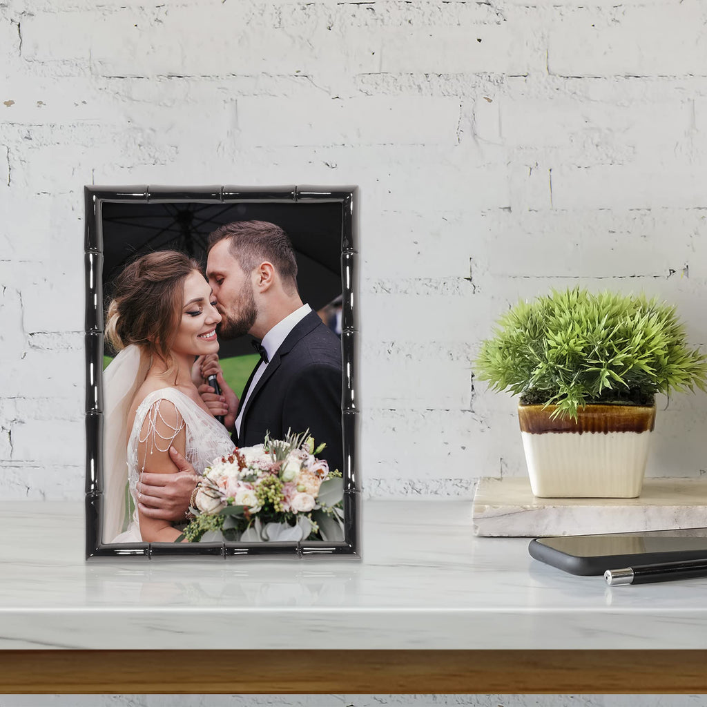 5x7 Black Polished Metal Picture Frame with Bamboo Design