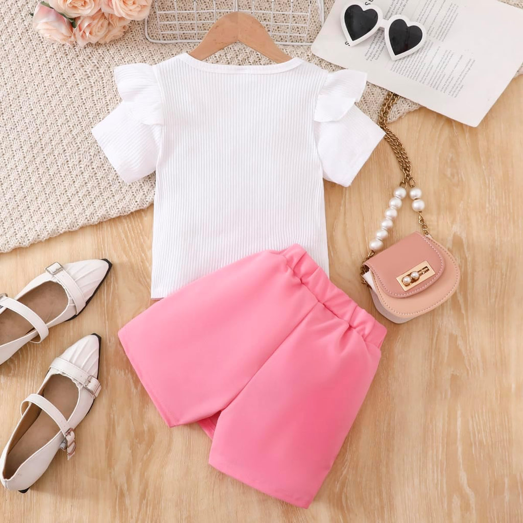 2 Piece Clothes Ruffled Sleeve Striped Top and Pearl Skirt Short Set Girl Summer Clothes