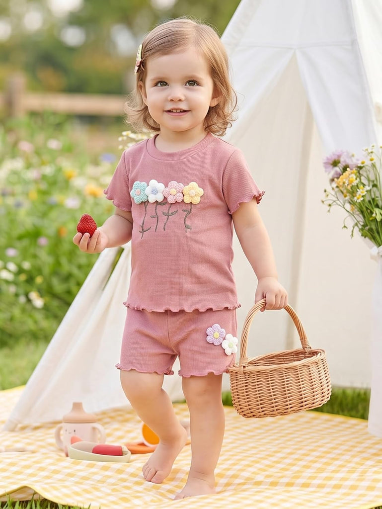 Toddler Baby Girl Clothes Outfits,Summer Ruffle Ribbed Flower T Shirt Shorts Set Clothes for Girls