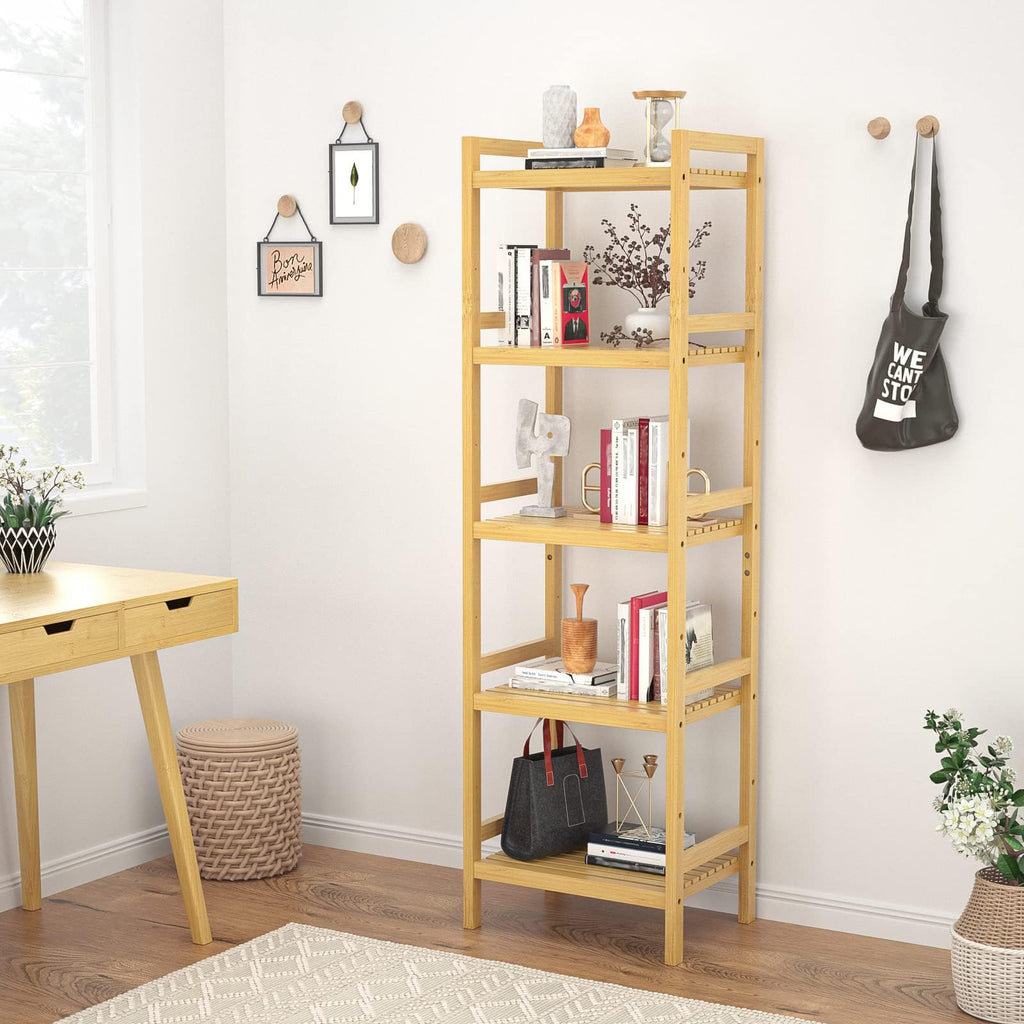 5-Tier Bamboo Shelf, 56"H Adjustable Narrow Bookshelf and Bookcase
