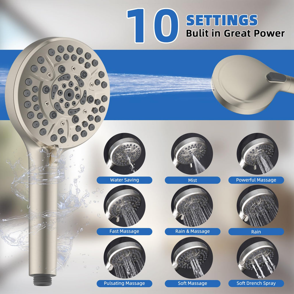 10" Metal Rainfall Shower Head with 10-Mode Handheld, Brushed Nickel