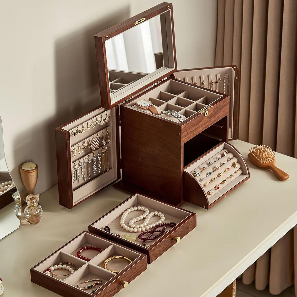 Black Walnut Wooden Jewelry Box for Women, 4 Layer