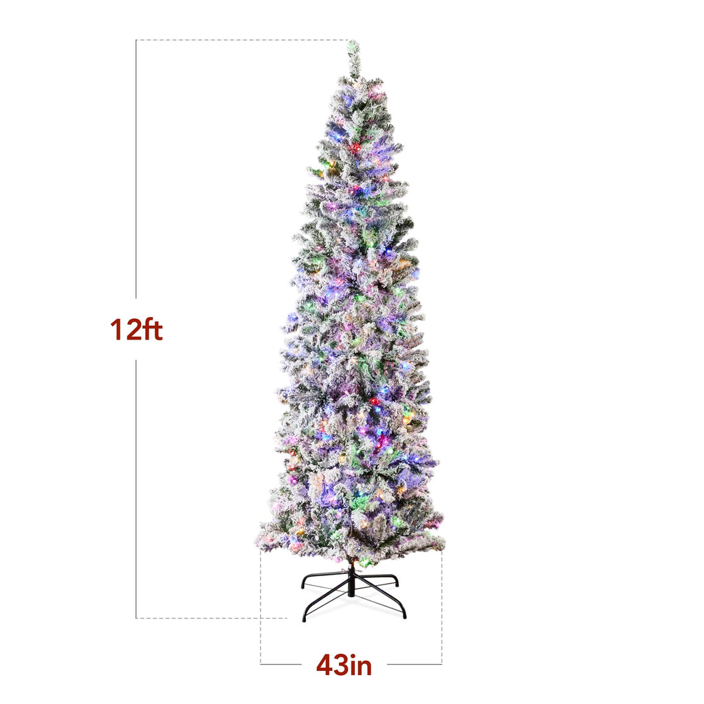 Flocked Pencil Christmas Tree, Pre-Lit Slim 12ft Artificial Holiday Decoration, 2-in-1 White & Multicolor Lights