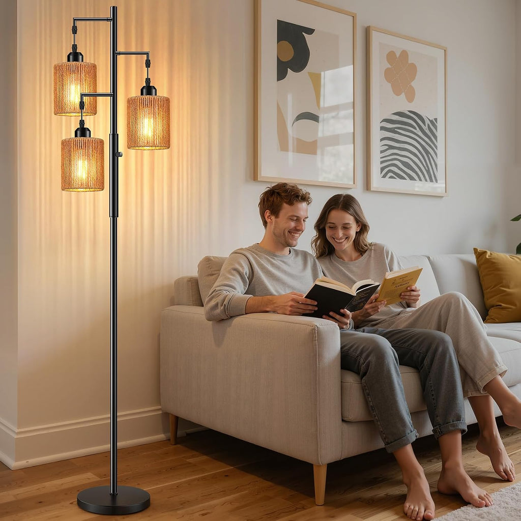 72" Boho Rattan Tree Floor Lamp, Tall Dimmable Industrial Standing Lamp, Corner Decor Accent Lighting, Cafe (3 x