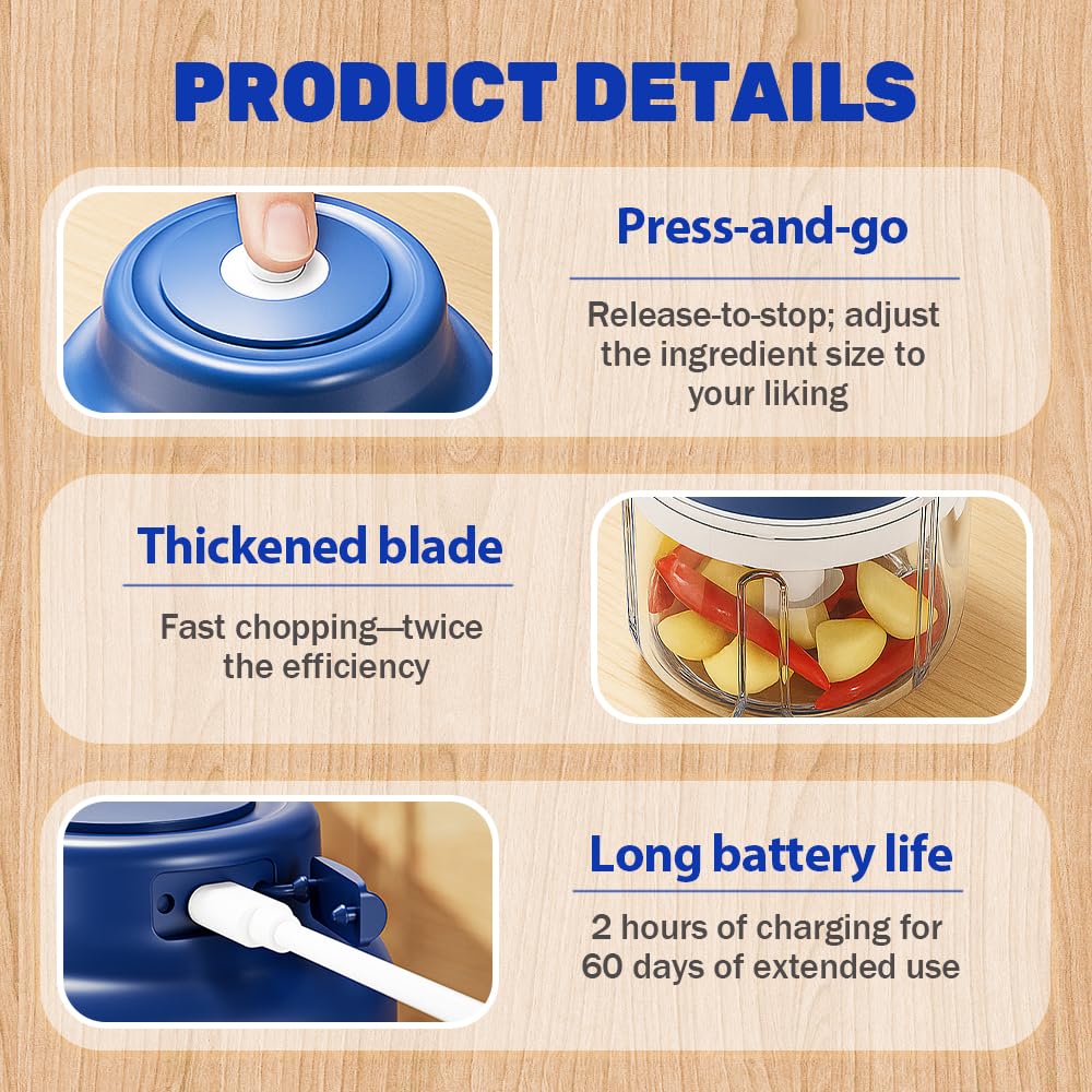 Electric Garlic Chopper with USB Rechargeable Design, Portable Food Processor for Garlic, Onion, Chili, Nuts