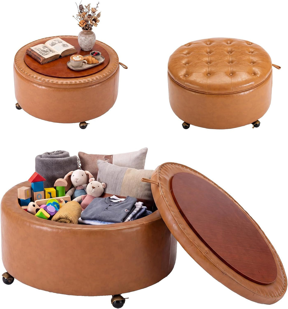 29" Large Round Storage Ottoman with Tray , Camel | Round Ottoman Coffee Table with Storage, Poofs/Ottomans Footrest