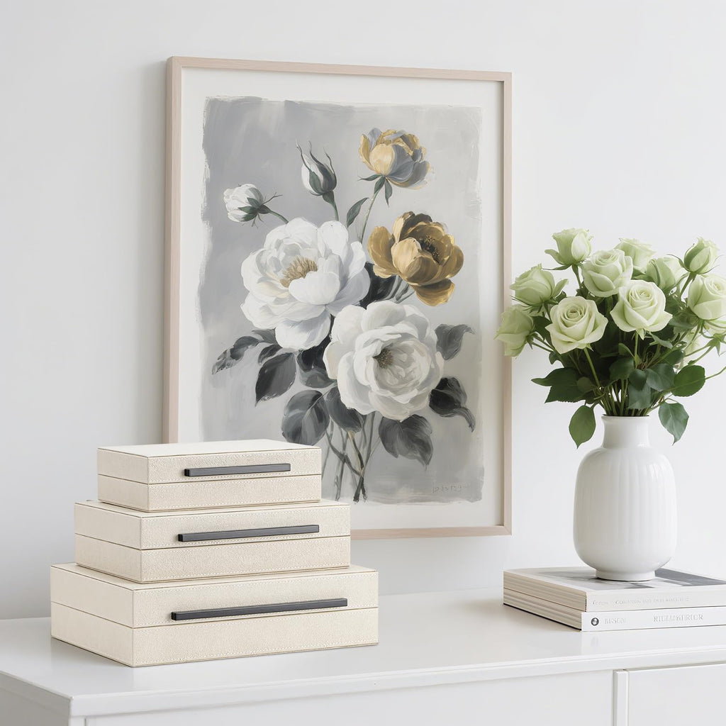 Beige Shagreen Decorative Storage Boxes with Black Metal Handles -Faux Leather Large Modern Stackable - Set of 3