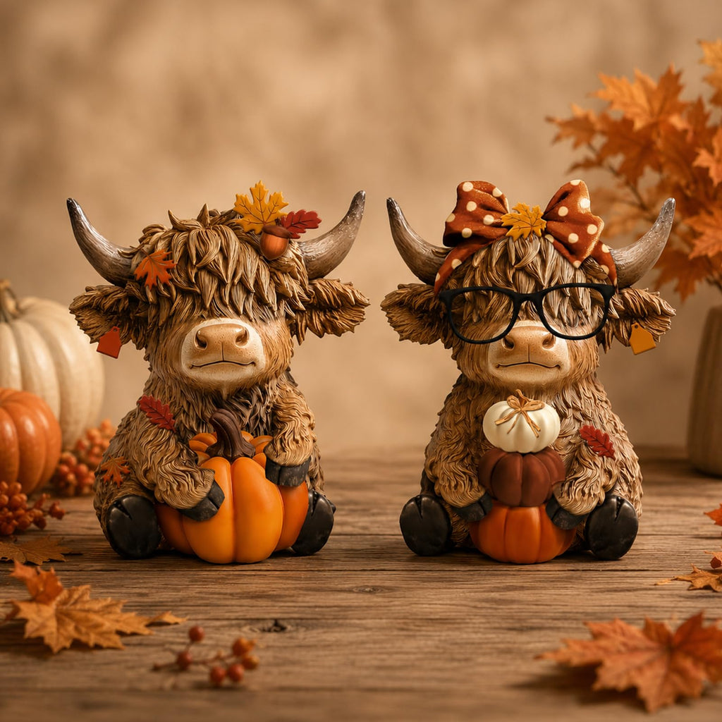 2 Pcs Fall Highland Cow Figurines Resin, Autumn Tabletop Decor