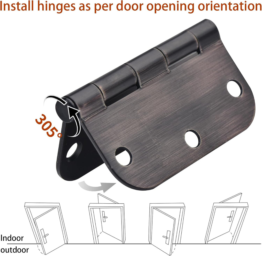 12 Pack Door Hinges, 3.5 x 3.5 Inch Oil Rubbed Bronze Hinges for Wood 5/8'' Radius Corners 3 1/2 Inch Interior Door