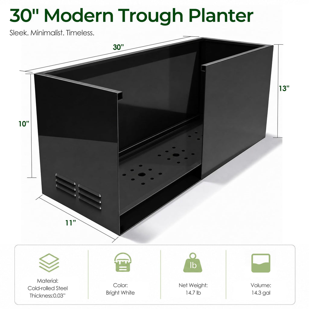 Metal Planter Box - 30" L x 11" W x 13" H Glossy Black Heavy Duty Large Rectangular Steel Modern Plant Pot, Indoor