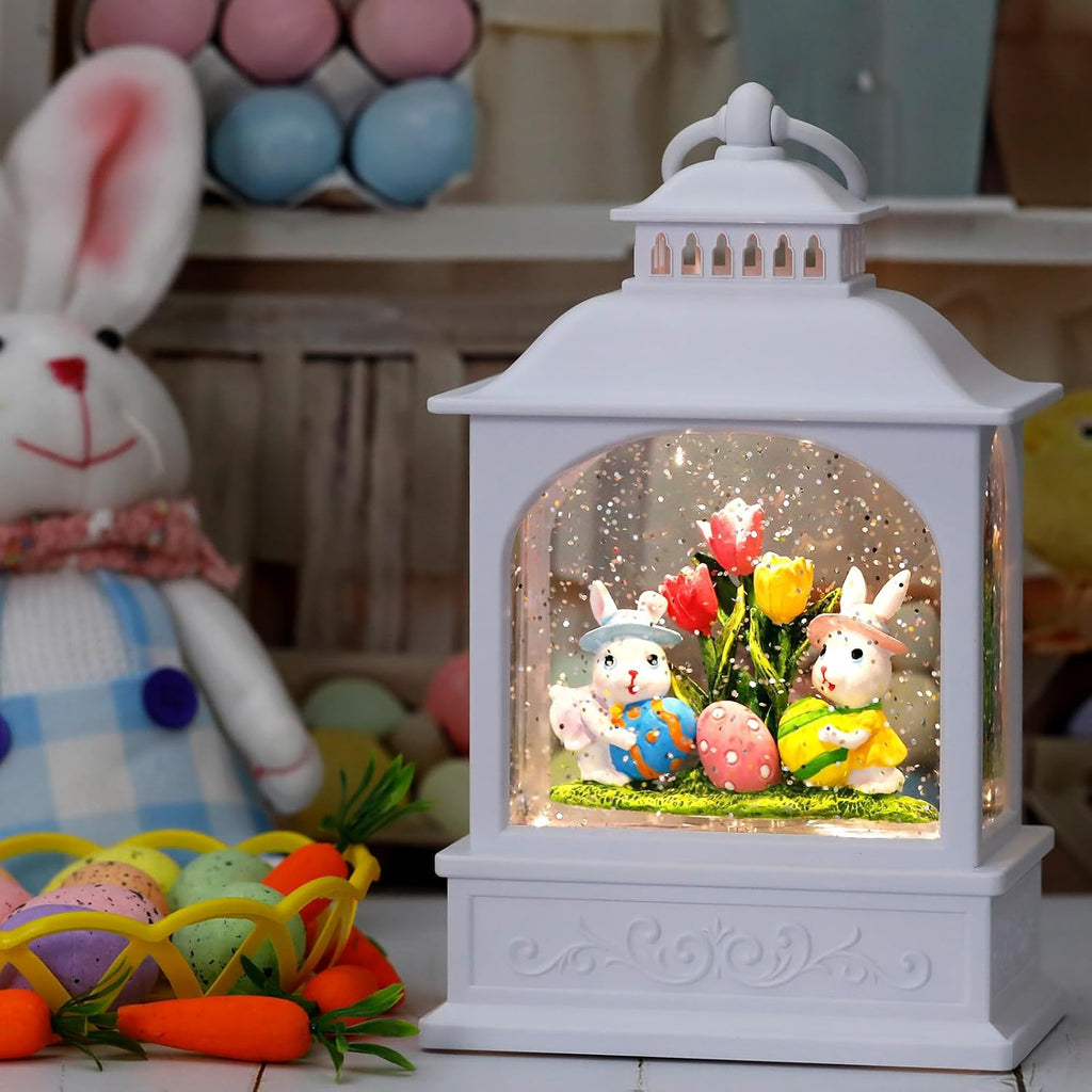Easter Bunny Snow Globe, Easter Eggs Spring Snow Globe 6H Timer Glitter Lantern Easter Decorations (Bunny Eggs)