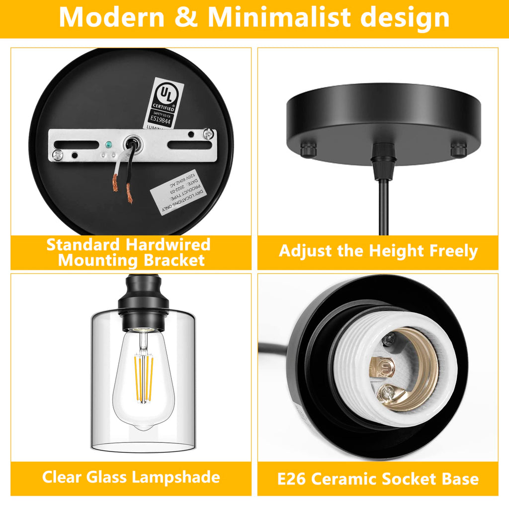 2 Pack Modern Black Pendant Lighting, Clear Glass Shade Pendant Lights Kitchen Island, Hanging Ceiling Light Fixture
