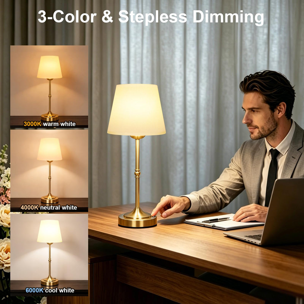 Rechargeable Gold Cordless Table Lamp,3 Color Dimmable Bedside Lamp