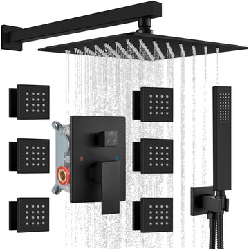 Rainfall Shower System with Full Body Jets 6pcs Matte Black