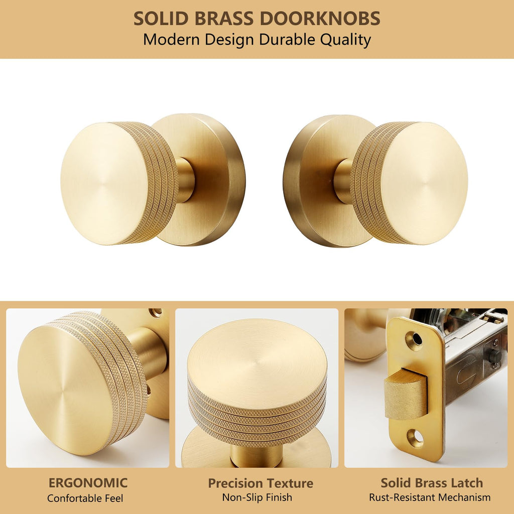 Knurled Solid Brass Passage Door Knob, Fixed 2-3/8" Backset