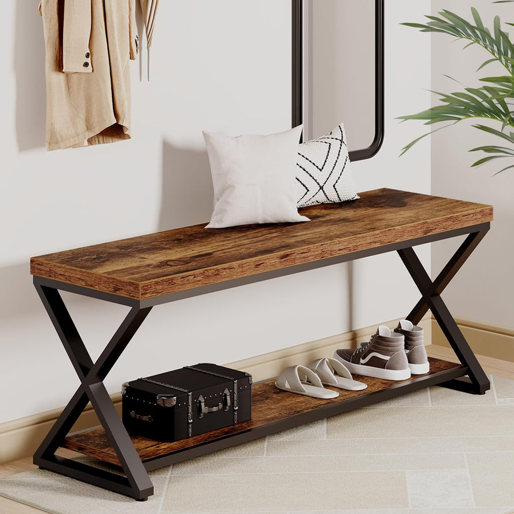 Rustic Entryway Bench with Storage, Rustic Brown Wood and Metal Bench