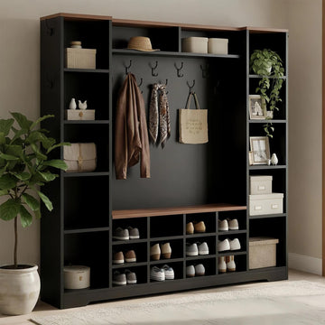 Hall Tree with Bench and Shoe Storage, 5-in-1 Mudroom with Coat Rack, Farmhouse Entryway Furniture, Tall Hall Tree