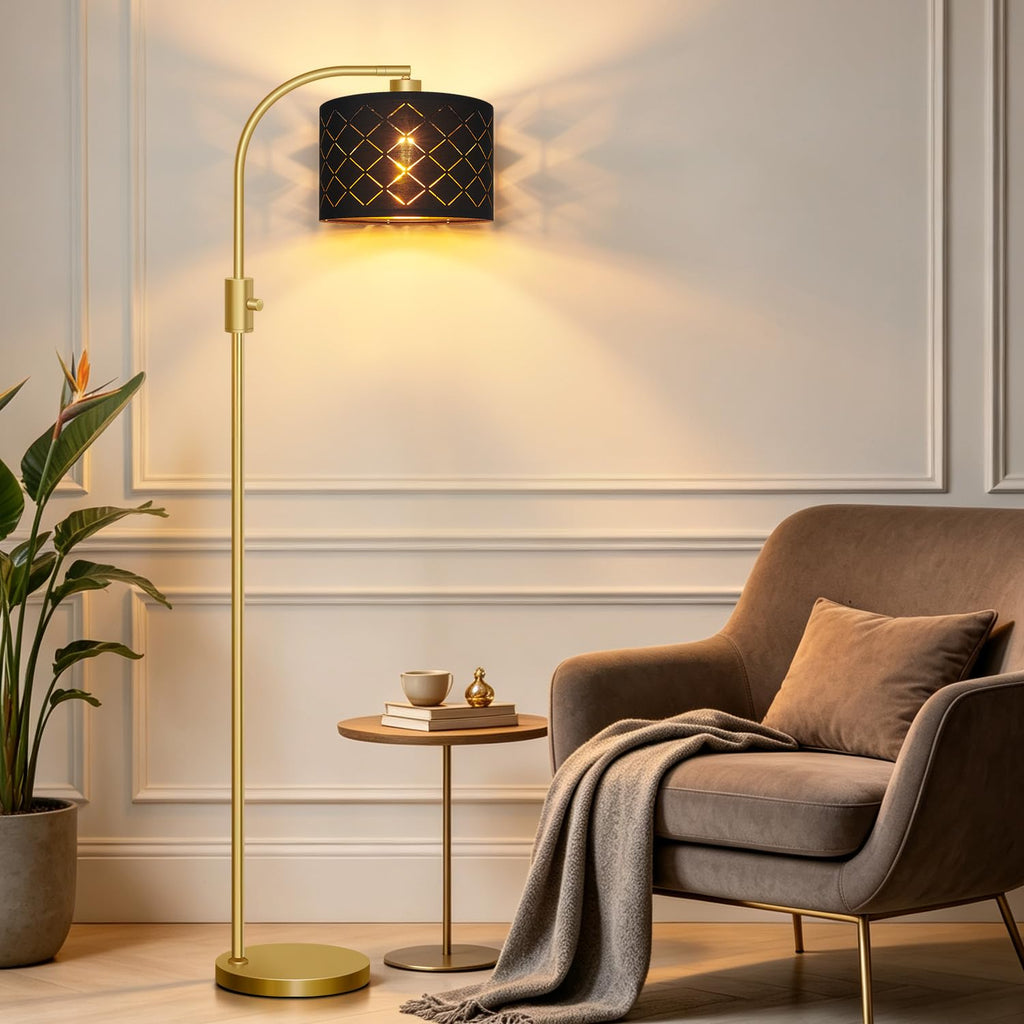 Dimmable Floor Lamp, 1200 Lumens LED Edison Bulb Included, Arc Gold Floor Lamps Modern Standing Lamp with Black Grid