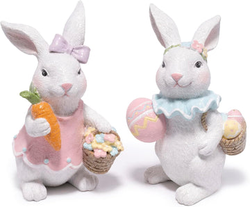 Easter Bunny Figurines Set, Spring Rabbit Decor with Easter Eggs Basket, Floral Wreath Bunny Statues, Tabletop Home - Set of 2
