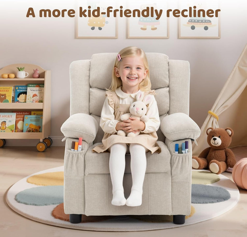 Kids Recliner Chair, Push Back Toddler Recliners with Side Pockets, Child Recliner with Footrest, Cashmere Fabric Kid