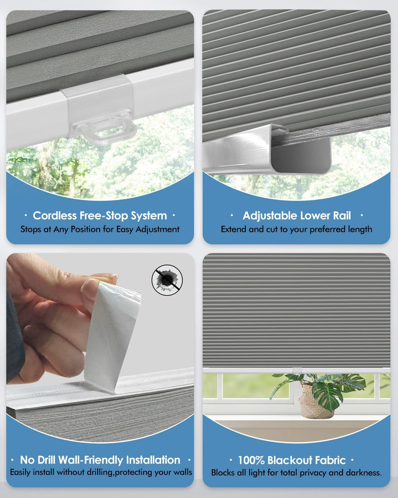 No Drill Cellular Shades, Trim-to-Fit Blackout Cordless Honeycomb Blinds