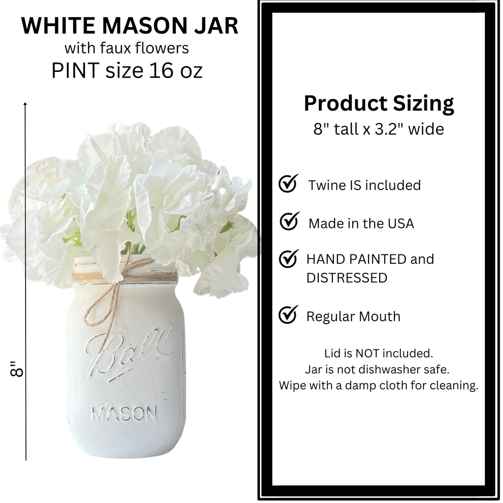 Small White Mason Jar with Ivory Hydrangeas - 16 oz Painted Rustic Vase for Modern Farmhouse Home Decor - Mini Floral