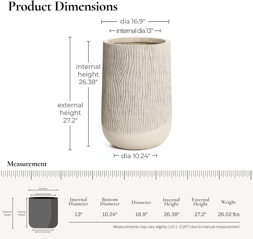 LuxenHome Blended Tan 27" Tall Plant Pot, Large Garden Pot for Plants | With Drainage Hole and Plug, Textured Finish