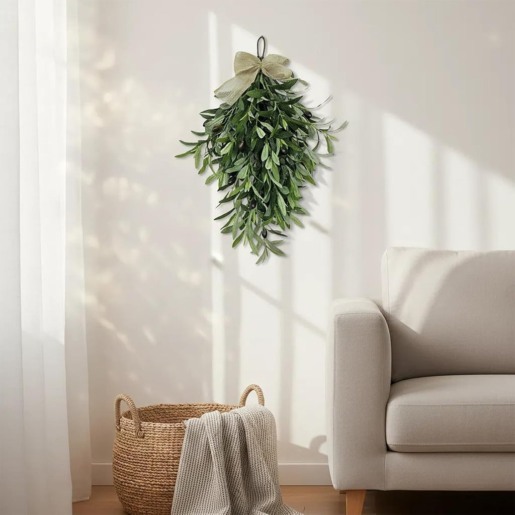 Premium 24" Artificial Olive Branch Teardrop Swag - Realistic Faux Greenery Wreath for Front Door, Wall, Home &