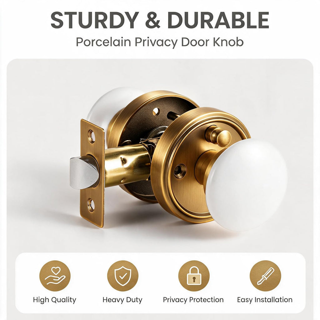 White Porcelain Round Door Knobs with Antique Brass Rosette 1 Pack