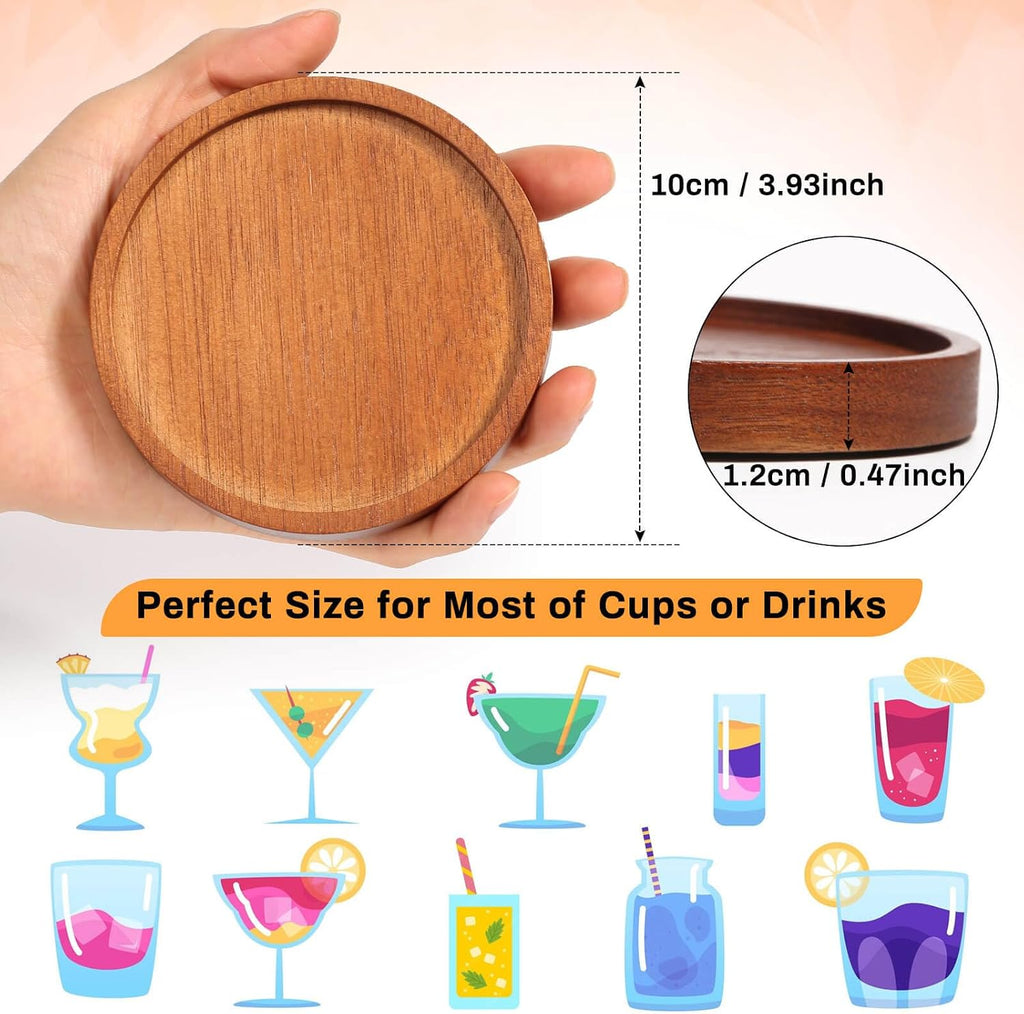 Wooden Coasters with Holder, Acacia Wood Drink Coasters for Farmhouse, Patio, Bar Decoration - Set of 6