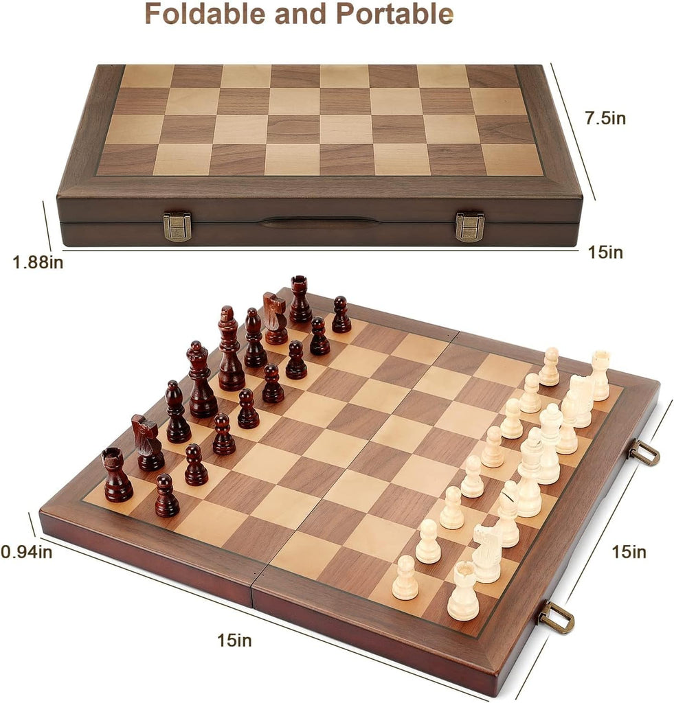 Magnetic Wooden Chess Set for Adults Kids 15'' Chess Board with Handmade Pieces, Folding Portable Travel Unique Chess