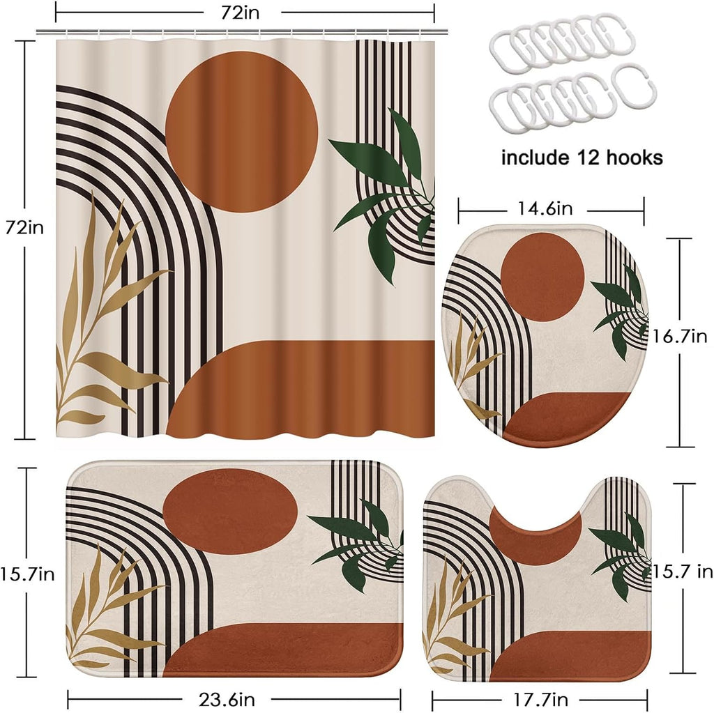 Boho Mid Century Shower Curtain Set with Toilet Lid Cover and Non-Slip Rugs, Abstract Geometric 4 Pcs Modern