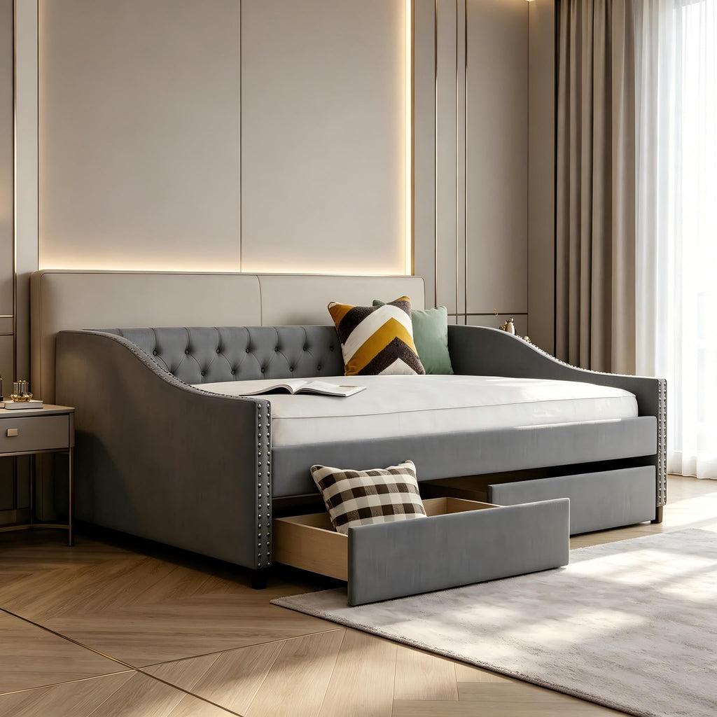 Upholstered Full Size Daybed with 2 Storage Drawer, Grey