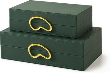 Faux Leather Boxes with Lids, Forest Green - Set of 2