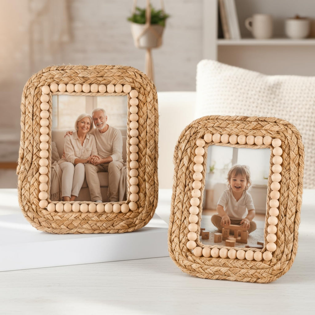 2 Pcs Wicker Weave Picture Frames Boho 5 x 7, 4 x 6 Inch