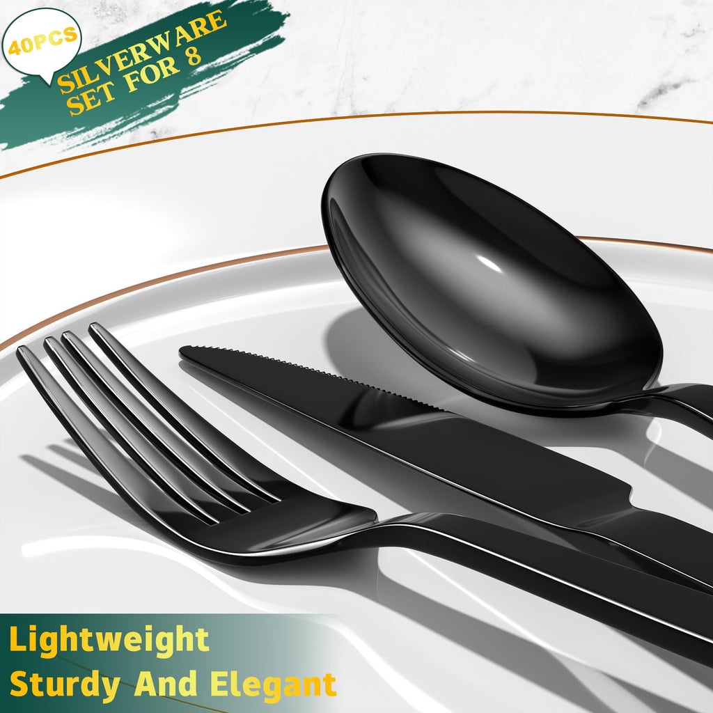 40 Pieces Black Silverware Set, Stainless Steel Flatware Set for 8