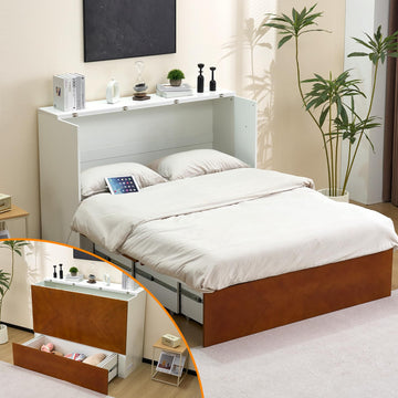 Full Murphy Bed with Storage Drawer, 2 Charging Station, Rustic & Scandinavian Style Foldable Bed Cabinet, Hideaway