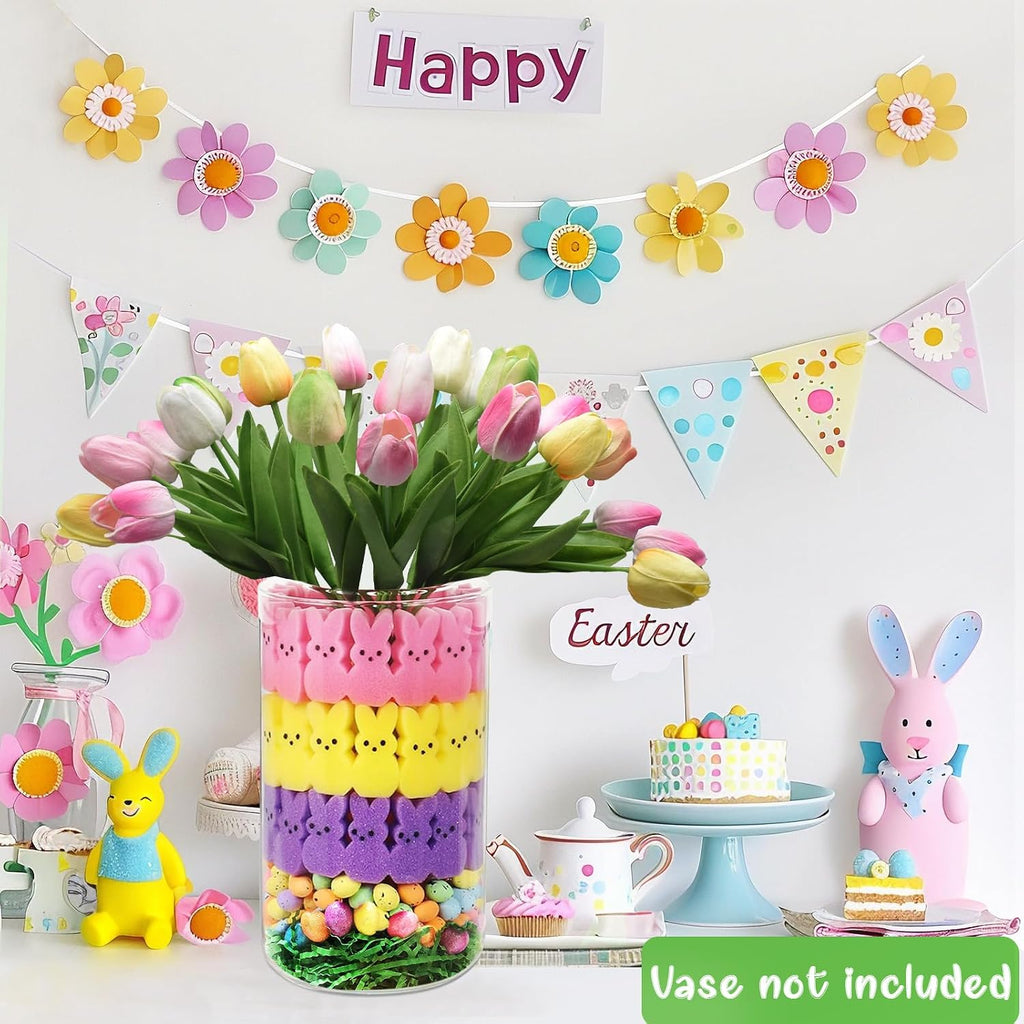 Easter Decorations,Easter Peeps Decor,15 Artificial Tulips with 45 Bunnies Vase Filler Set,Perfect Spring Decor,Table
