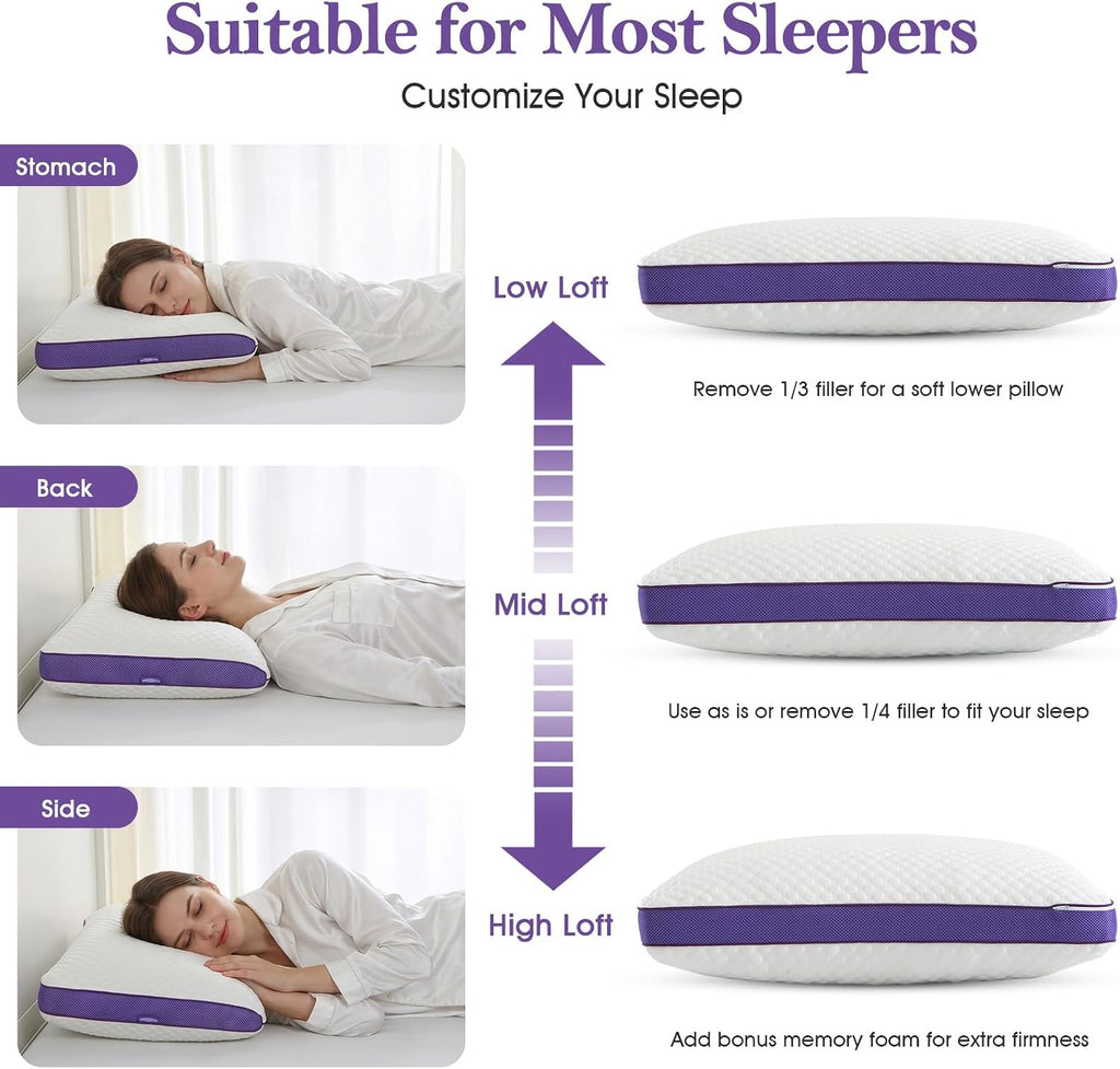 Shredded Memory Foam Pillow King Size, Cooling Bed Pillow for Sleeping, Adjustable Firm Soft Support for Side Back
