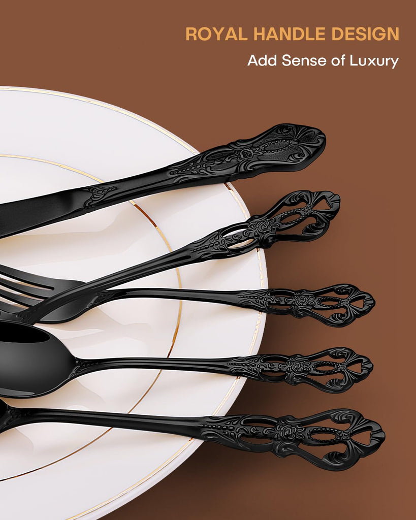 30 Pieces Royal Silverware Set for 6, Retro Gorgeous Black Flatware Set, Premium Stainless Steel Vintage Cutlery Set