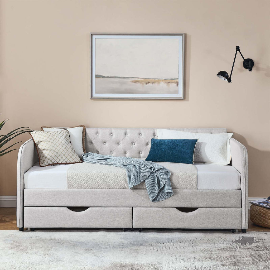 80.5" Daybed with Drawer, Modern Button Tufted Linen Day Bed with Trundle Bed Twin to King, Upholstered Daybed Frame