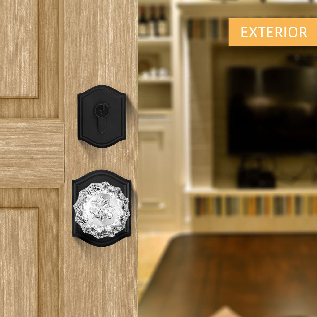 Crystal Glass Passage Door Knob and Single Cylinder Deadbolt Combo Set, Matte Black Finish, Keyed Alike