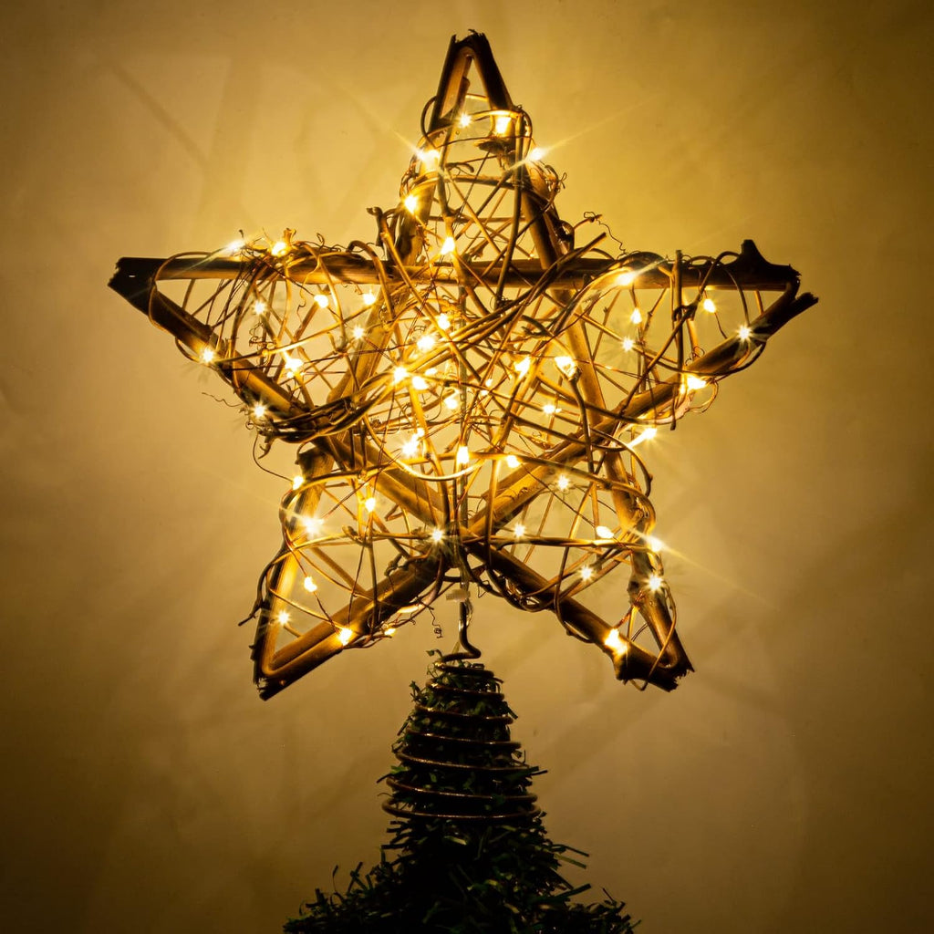 Rattan Natural Star Christmas Tree Topper - Rustic Farmhouse Xmas Treetop with 50 Warm LED Lights Christmas Tree