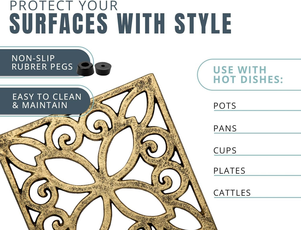 Gold with Black Cast Iron Trivet - Square 6.5"×6.5" - Rubber Feet - Set of 4